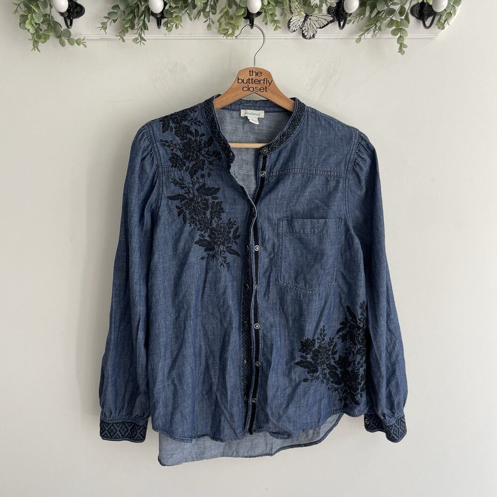 Sundance Blue Denim Buttoned Embroidered Floral Long Sleeve Blouse Size L ab-252